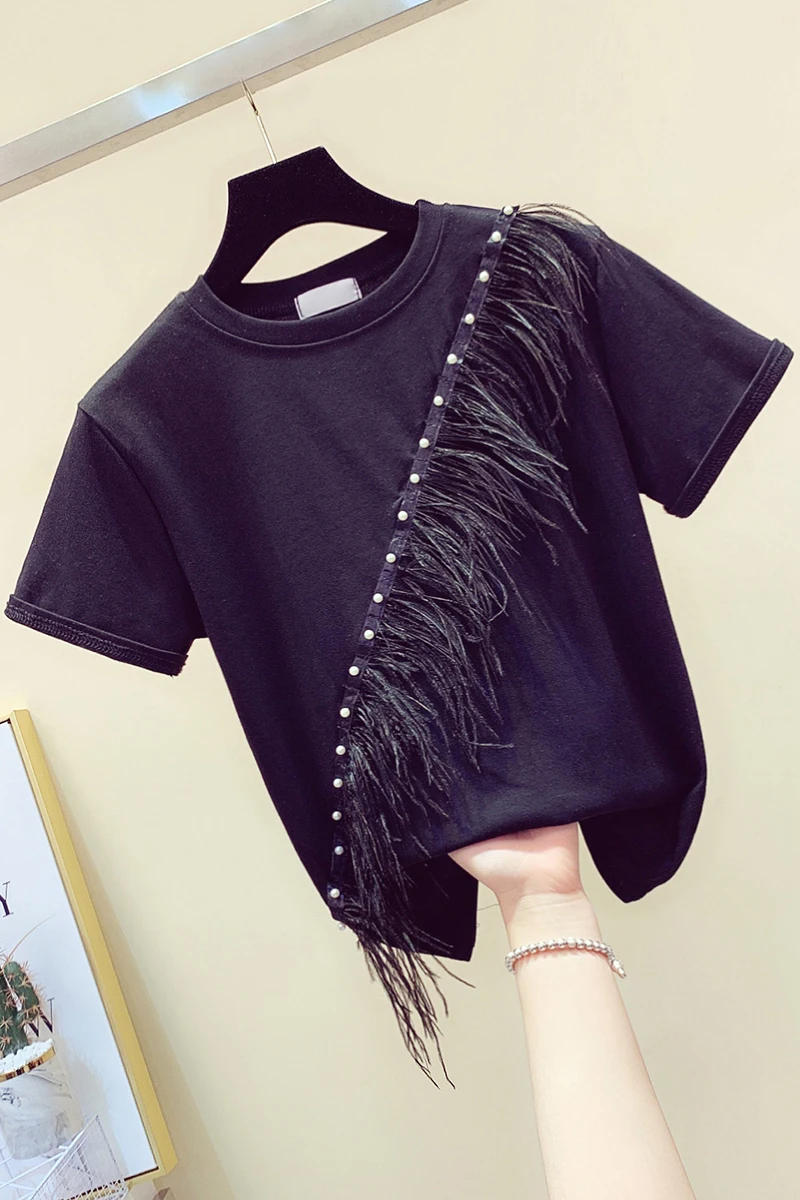 

Heavy Industry Beads Feather Tassel Women Short-Sleeved T-shirt 2021 Summer Korean Style Simple Loose Casual Tshirt Top Fashion