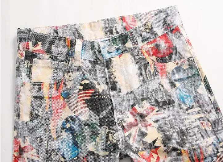 Hair stylist autumn homme jeans flag printed pants men's flower trousers slim men's feet pants stretch British