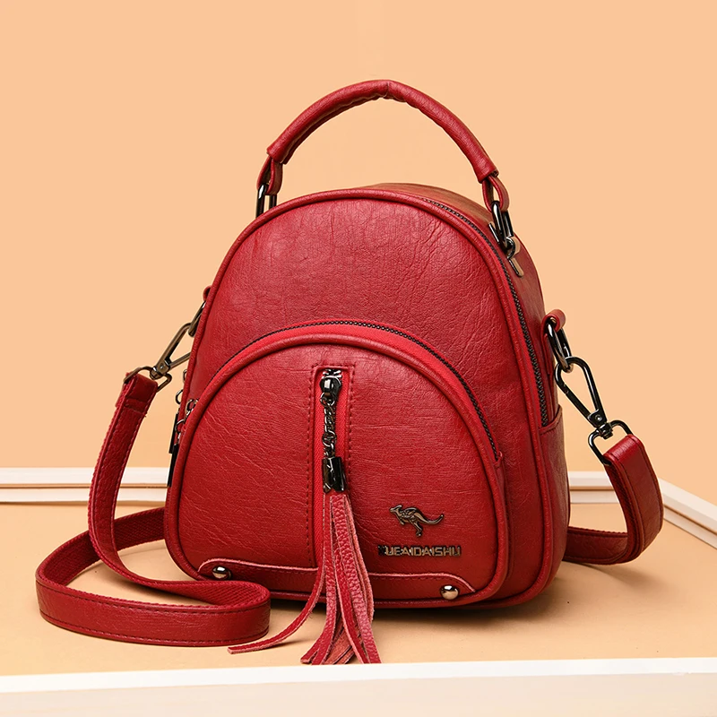 Многофункциональные кожаные женские рюкзаки модные с кисточками сумки на плечо