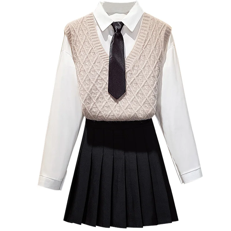 

College Style 2021 Early Spring New Fashion Knitted Vest Long Sleeve Shirt Pleated Skirt Three-Piece Suit Students Set