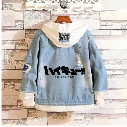 

Haikyuu!! Denim Jacket Karasuno Volleyball Club Cosplay Coat Spring Autumn Ripped Hooded Sweater Hinata Shoyo Costume Outwear