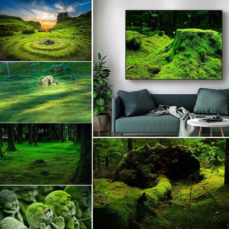 Современные зеленый свежий аромат лесного мха холст для живописи Wall Art зеленое