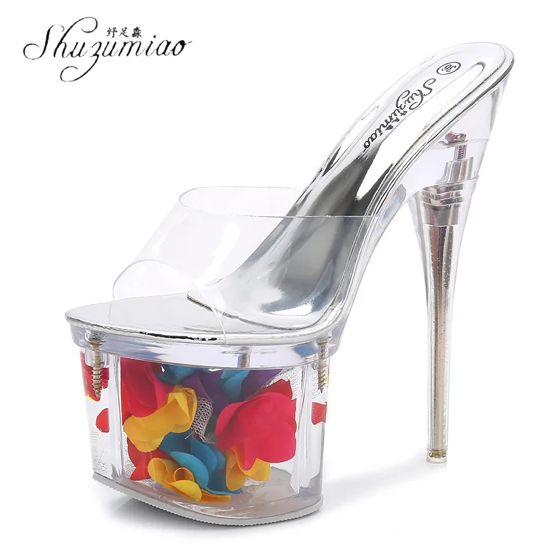 

Туфли shuразуao на очень высоком каблуке 17/20 см, серебристые туфли на шпильке и платформе, прозрачные сандалии для ночного клуба, обувь для веч...