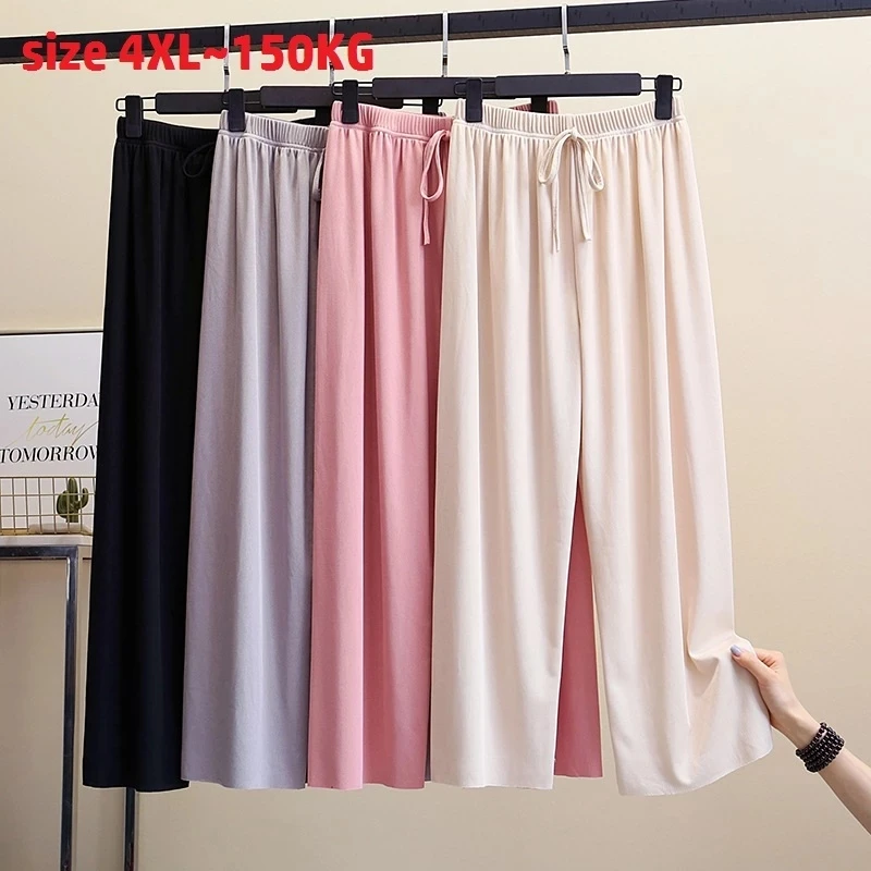 

size 4XL150KG Summer Wide Leg Pants Solid Color Loose Black Color High Elastic Waist Ankle Length Pants Casual Plus Size Pants