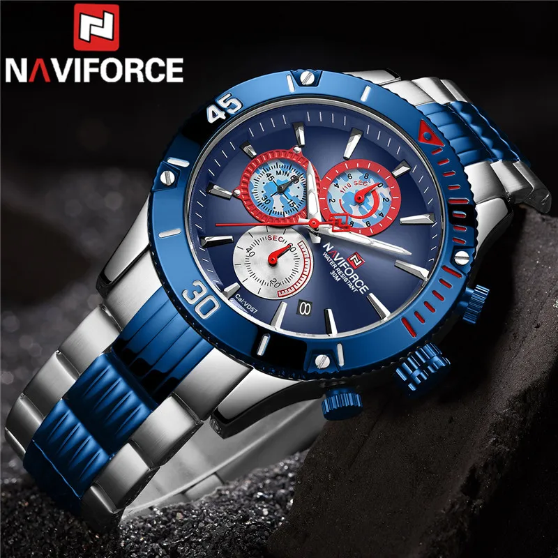 Часы наручные NAVIFORCE Мужские кварцевые спортивные брендовые Роскошные Синие в
