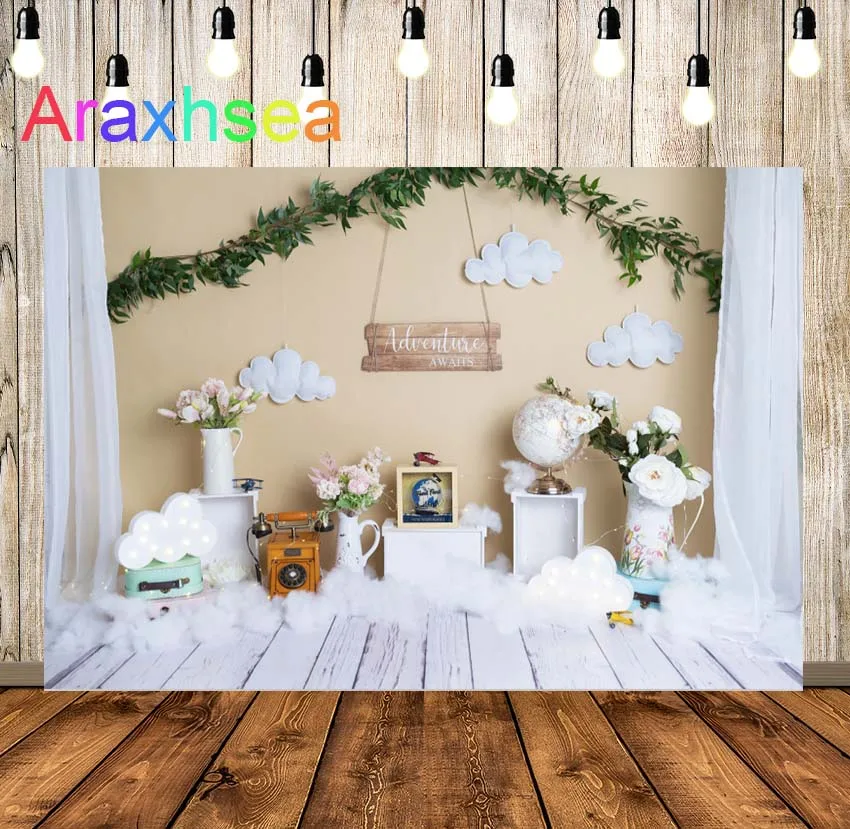 

Baby Photography Backdrop Adventure Theme Portrait Background Wood Floor Beige Wall Tellurion Decors Cake Smash Wallpaper