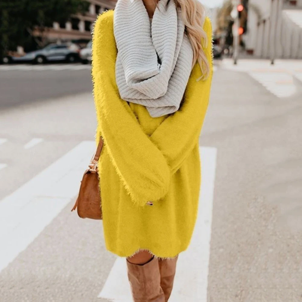 

2021 Chic Women Autumn Solid Color O Neck Sweater Fluffy Loose Knee-length Dress Women's Clothing vestidos