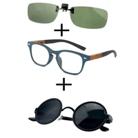 3pcs comfortable wooden squared frame reading glasses for men women alloy polarized sunglasses driving sunglasses clip