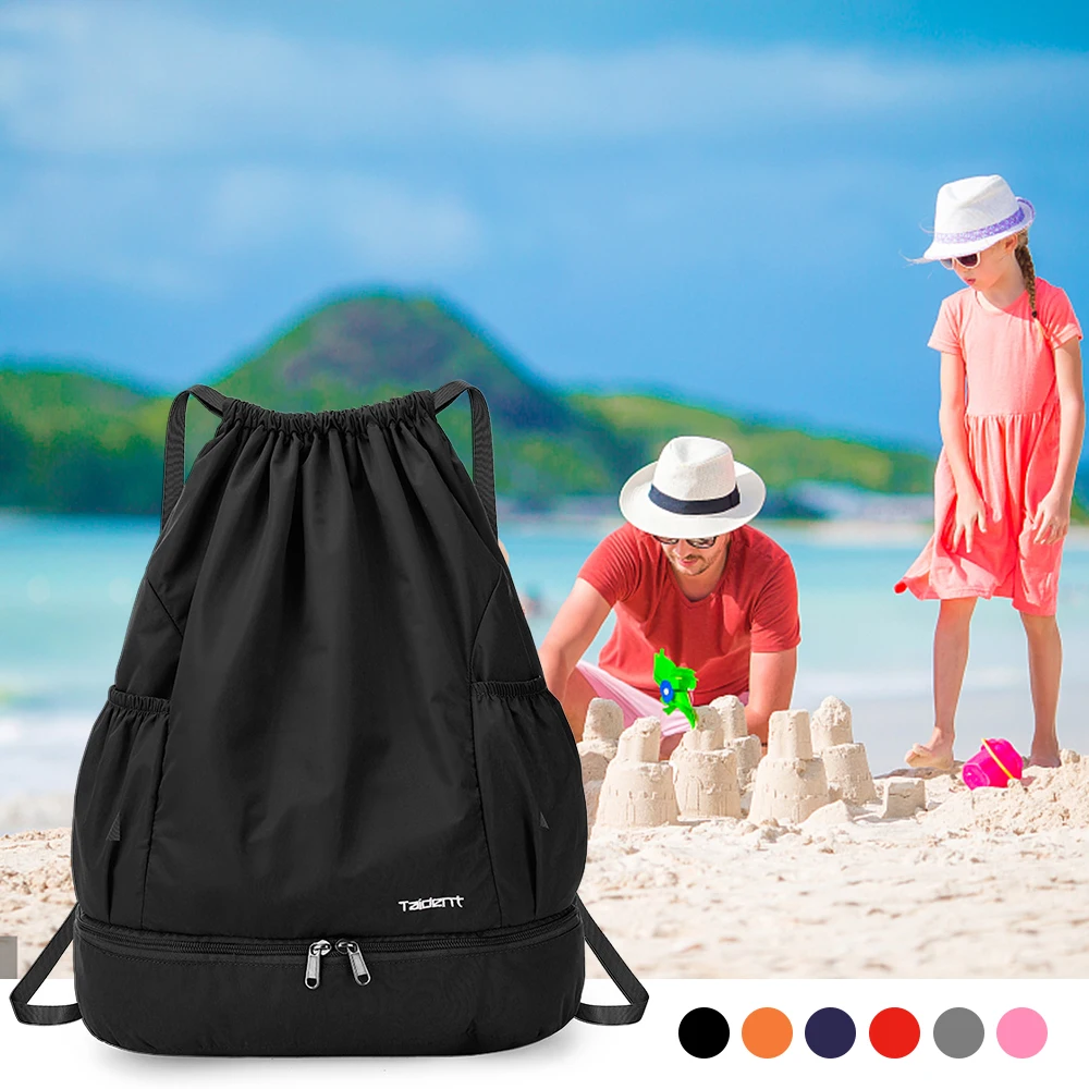 

Foldable Drawstring Backpack Sports Gym Swimming Bag with Wet and Dry Compartments for Swimming Beach Camping Water Sports