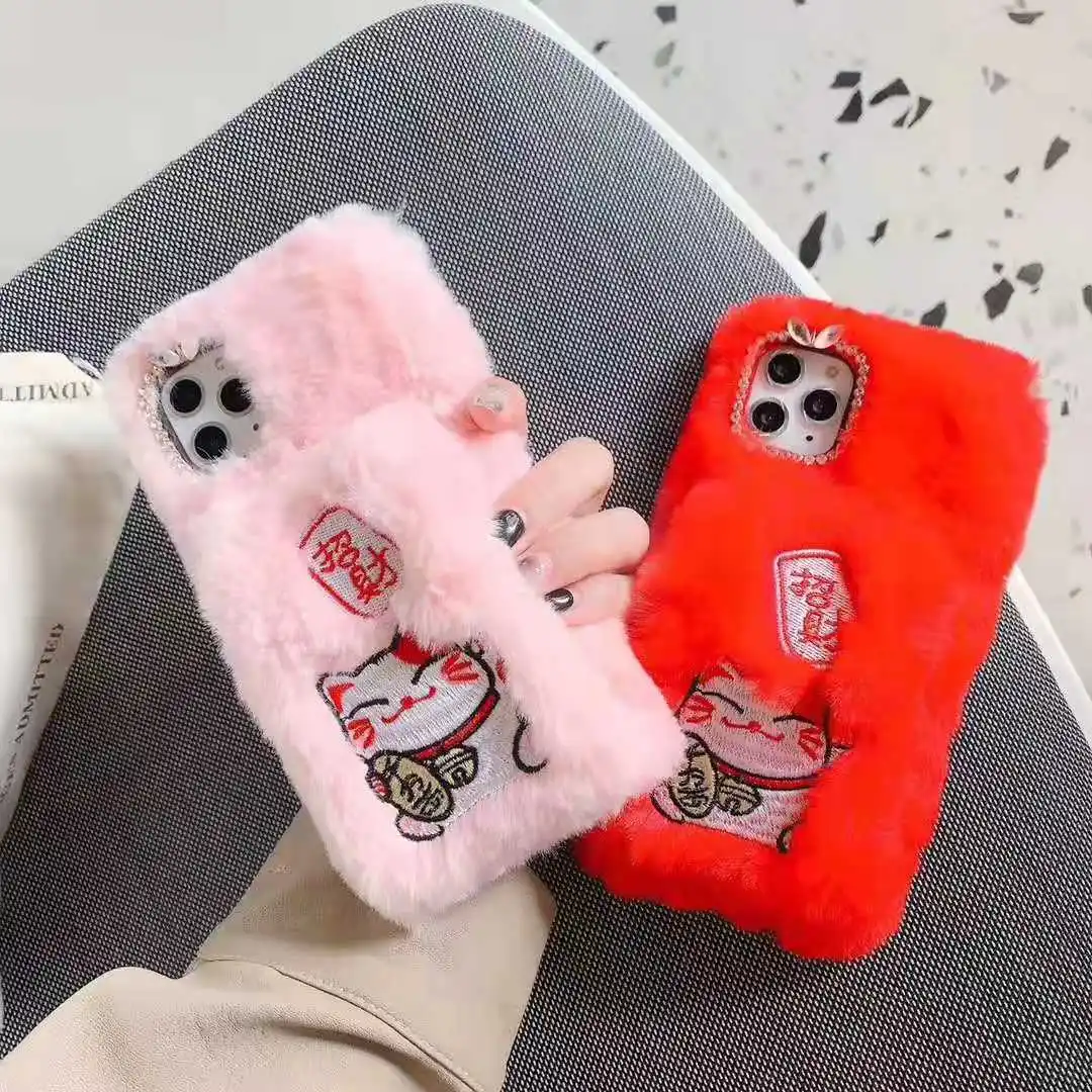 Для iphone 11 pro Max Fortune Cat теплый плюшевый пушистый мех ТПУ задний Чехол для XS max XR X 6 7