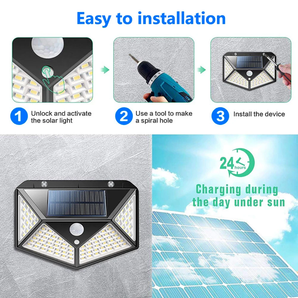 

100/114 LED Solar Light PIR Motion Sensor Wall Lights Waterproof Solar Street Lamp for Garden Decoration 3 Modes Outdoor Lamps