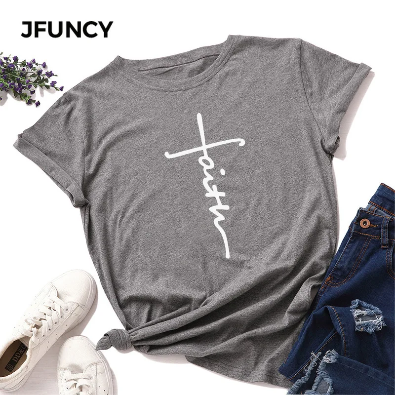 JFUNCY Summer Cotton Women T Shirt  Faith Letter Christian Cross Print Tee Top Short Sleeve Woman T-shirt Female Tshirt