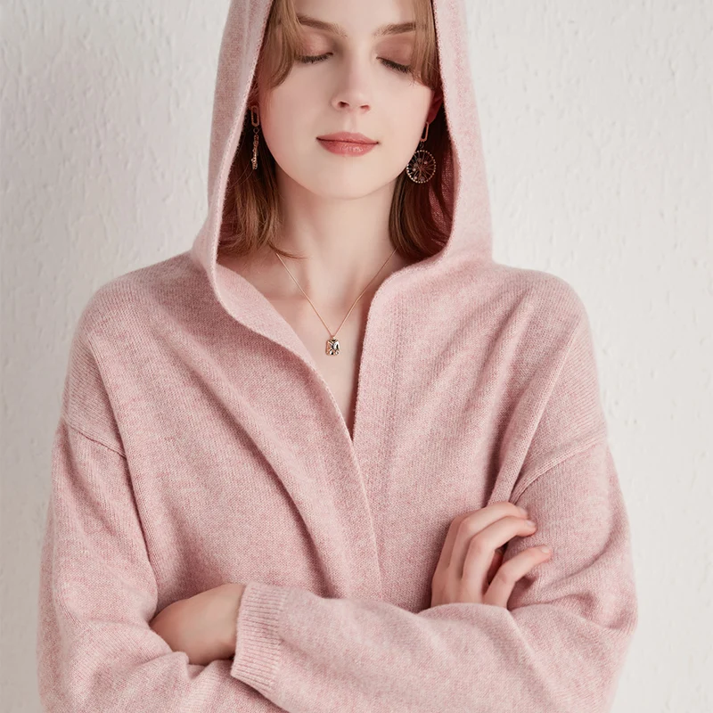

BELIARST 2020 Autumn and Winter New Sweater Woman Hooded Collar 100% Pure Wool Cardigan Fashion Long Warm Sweater Free Shipping
