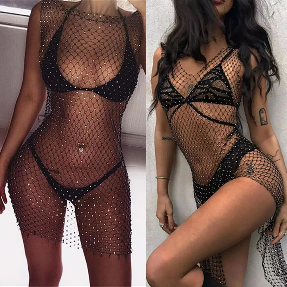 

New Fashion Womens Summer Lace Fishnet Bikini Cover Ups Hot Diamond Sexy Net Clothes Swimwear Bathing Suit Beach Dress