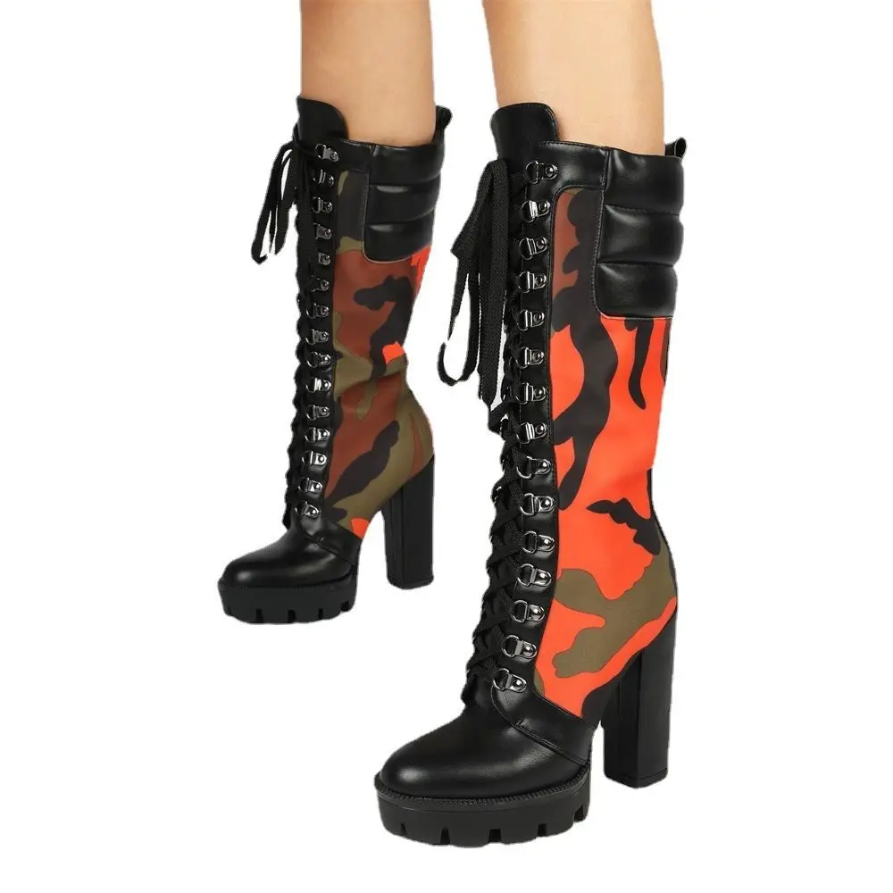 

Женские высокие сапоги IPPEUM, модные камуфляжные сапоги в клетку на среднем каблуке, со шнуровкой, Размеры 4,5-11