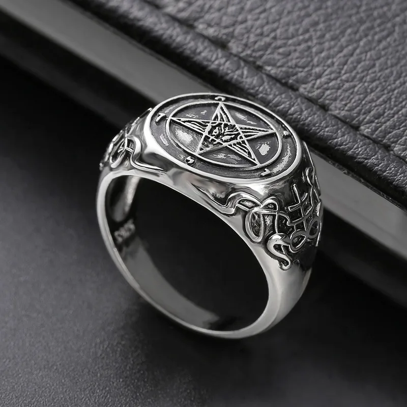 

925 Vintage Thai Silver Devil Pentagram Band Badge Ring for Men Party Gift Jewelry Ring Wholesale Size 8-13