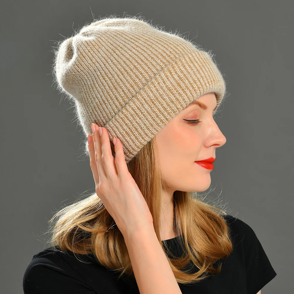 

2021 New Winter Hat for Women Rabbit Cashmere Knitted Beanies Thick Warm Vogue Ladies Wool Angora Hat Female Beanie Hats