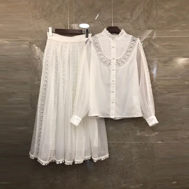 2 Piece Set Подиумная дизайнерская Женский комплект 2 шт., кружевная Лоскутная белая блузка с длинным рукавом+ длинные плиссированные юбки с высокой талией - Цвет: 2 Piece Set
