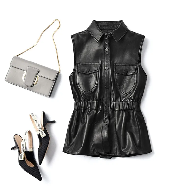 Жилет женский из овечьей кожи с карманами на резинке однобортный | Женская одежда