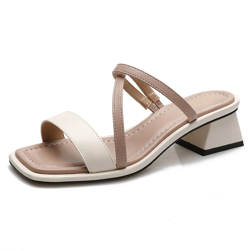 

Female Shoes Square heel Slippers Soft Multicolored Sandals Med Luxury Slides Low 2021 Block Comfort Summer Designer Rome Fashio