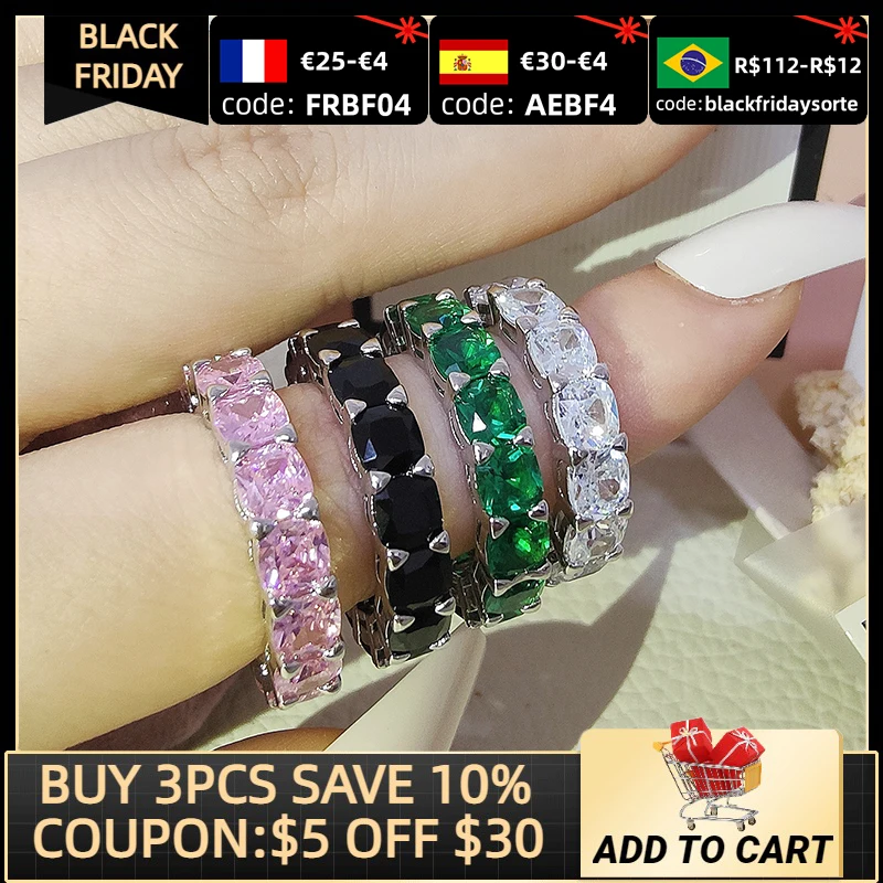 

Luxury Pink Black Green Cushion 925 Sterling Silver Wedding Band Eternity Ring for Women Gift Finger Anniversary Jewelry R5580