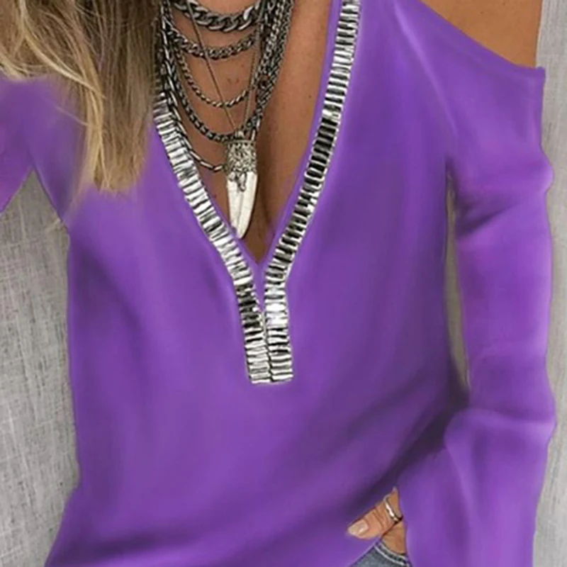 Женская Однотонная футболка с V-образным вырезом и длинными рукавами | одежда