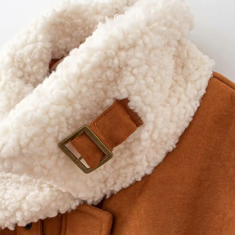 

Nice Casual Woman Brown Suede Coat Fad Vintage Ladies Autumn Patchwork Lalambswool Jacket Female Fashion Stand Collar Outerwear