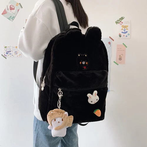 

Cartoon Plush Ins Backpack Women Cute School Backpacks Female College Student Schoolbag for Teenage Girls Simple Plush Purse New