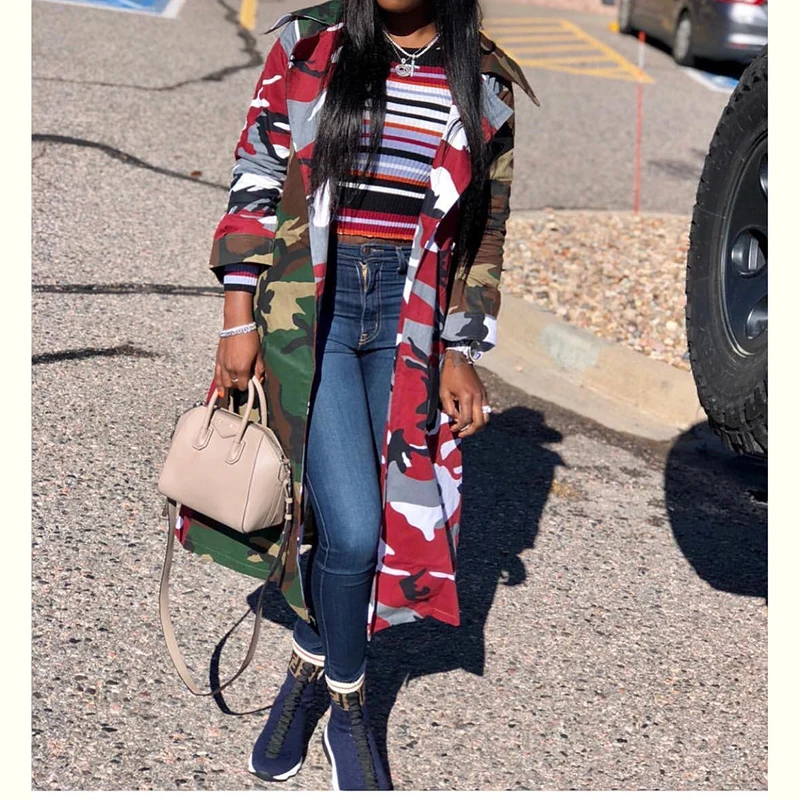 Военный Повседневный Камуфляжный тренч для женщин одежда размера плюс осень 2019