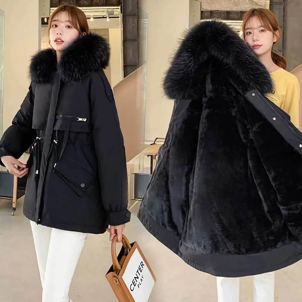 PinkyIsBlack Short Fur Liner Parka Solid Color Winter Jacket Women 2021 New Big Pocket With Fur Collar Ladies Casual Hooded Coat