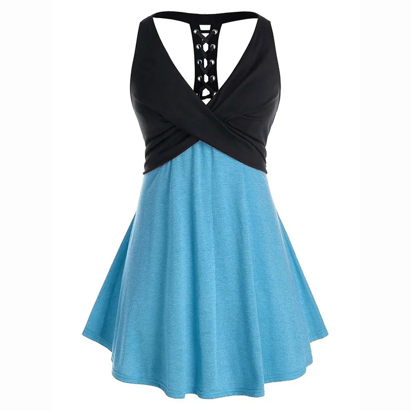 

Ladies Contrasting Color V-Neck Sexy Tie Sleeveless High Waist Dress Slim Skinny Stretch Wrap Hip Mini Skirt Large Szie S-XXXXXL