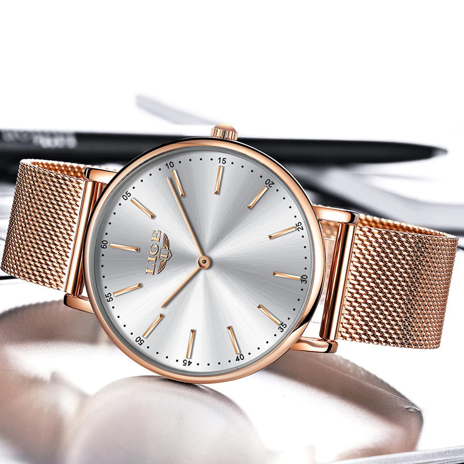 Часы наручные LIGE женские с сетчатым ремешком простые повседневные модные