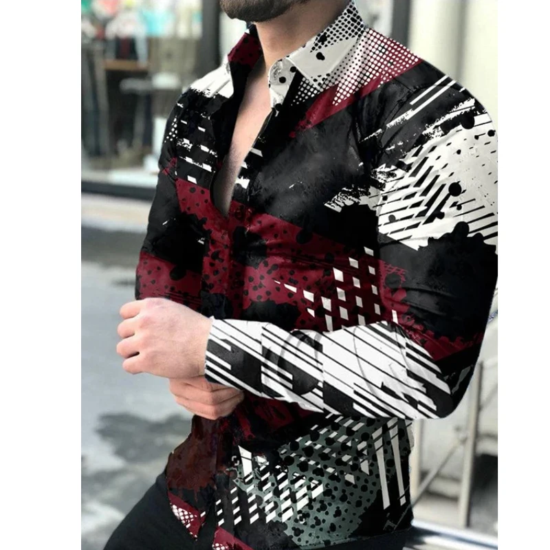 

New Spring Autumn Men Fashion Shirts Turn-down Collar Buttoned Shirt Men‘s Digital Printing Long Sleeve Tops