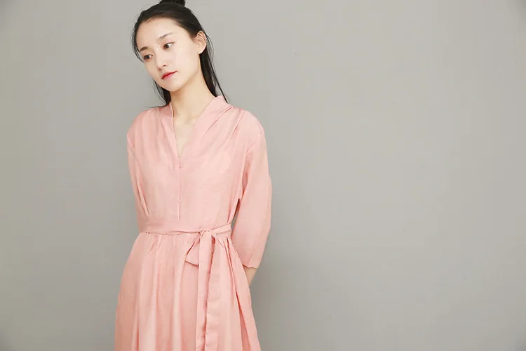 NINI WONDERLAND, летнее платье с v-образным вырезом,, женское, Tencel, льняное, винтажное платье, женское, одноцветное, длинное платье, халат, высокое качество