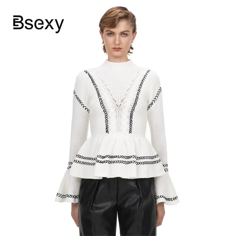 Подиумный джемпер 2019 Модный зимний женский трикотажный топ с расклешенными