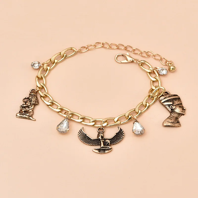 

3Pcs/Set Vintage Egyptian Pharaoh Head Crystal Bracelet Lady Gold Boho Personality Geometry Traditional Bracelets Girl Jewelry