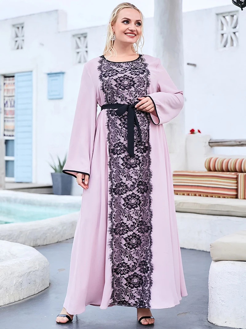 

Spring Autumn Women Long sleeve O Neck Black Lace Patchwork Abaya Turkey Big Size 4XL Muslim Maxi dress Elegant ladies vestido