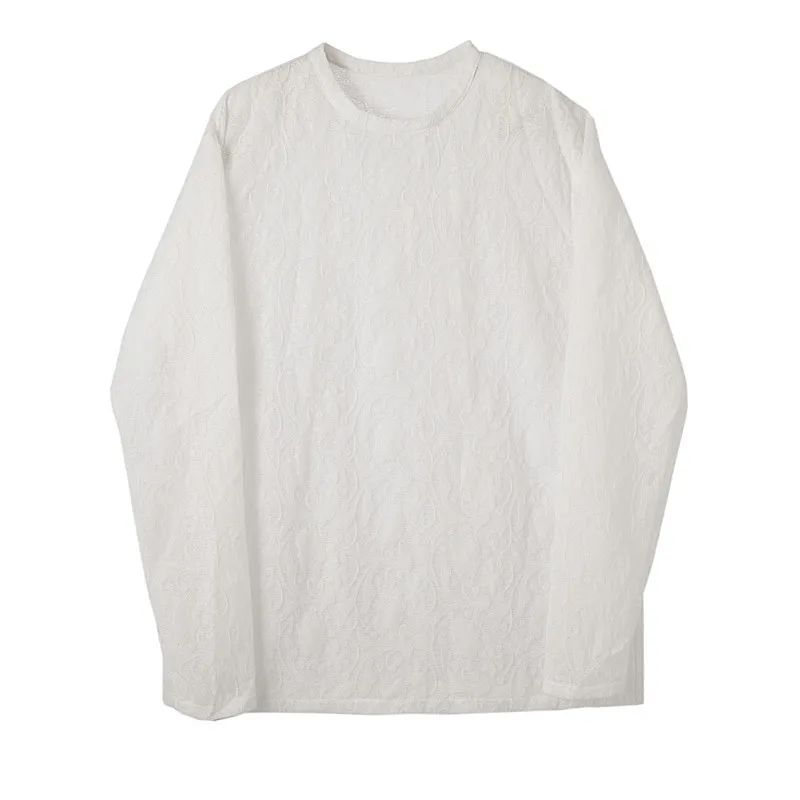 

Male Women Couple Streetwear Vintage Fashion Tees Shirts Stage Clothing Men Jacquard Lace Translucent White Long Sleeve T-shirt