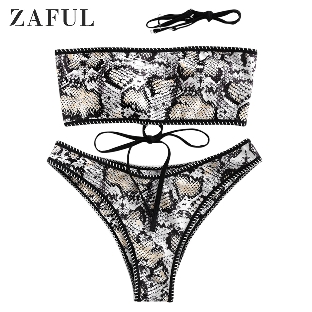 

ZAFUL Dalmatians Leopard Snakeskin Whip Stitch Lace-Up Bandeau Bikini Swimsuit Animal Print Strapless Bathing Suit Padded