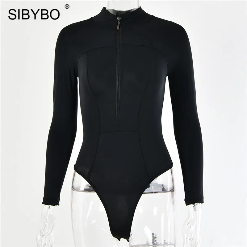 Черный SIBYBO, водолазка с длинным рукавом, Осенний боди для женщин, модный, на молнии, обтягивающий, сексуальный женский комбинезон, черный, Повседневный, для девушек, боди, Топ - Цвет: Черный