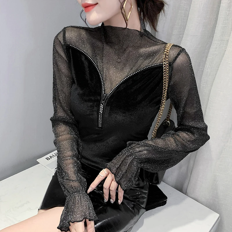 

Осенне-зимняя одежда, женская футболка, шикарные сексуальные Лоскутные сетчатые женские топы на молнии со стразами и надписью, футболки с д...