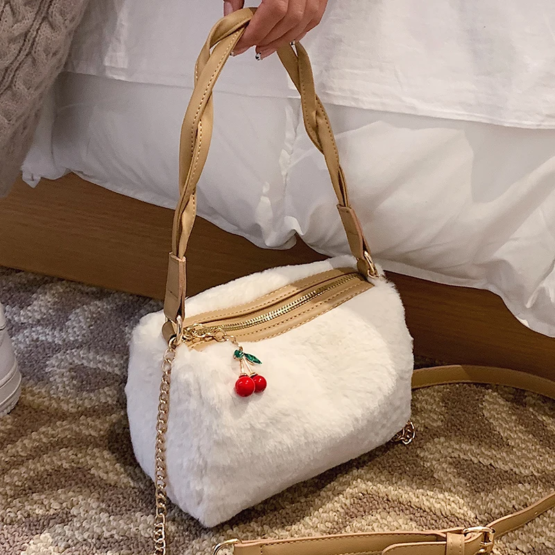 

Cherry Zipper Fashion Faux Fur Small Totes Designer Women Handbags Luxury Lambswool Shoulder Crossbody Bags Plush Winter 2021