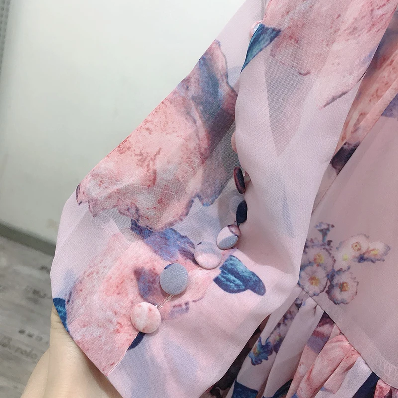 

TWOTWINSTYLE Print Vintage Hit Color Dress For Women V Neck Long Sleeve High Waist Sashes Spring Dresses Female Fashion New Tide