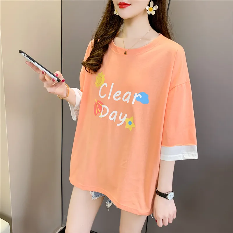 

Fake 2pcs White Patchwork Oversized T-shirt Japanese and Korean Style Loose Letter Printed Raglan Half Sleeve Girls T-shirts