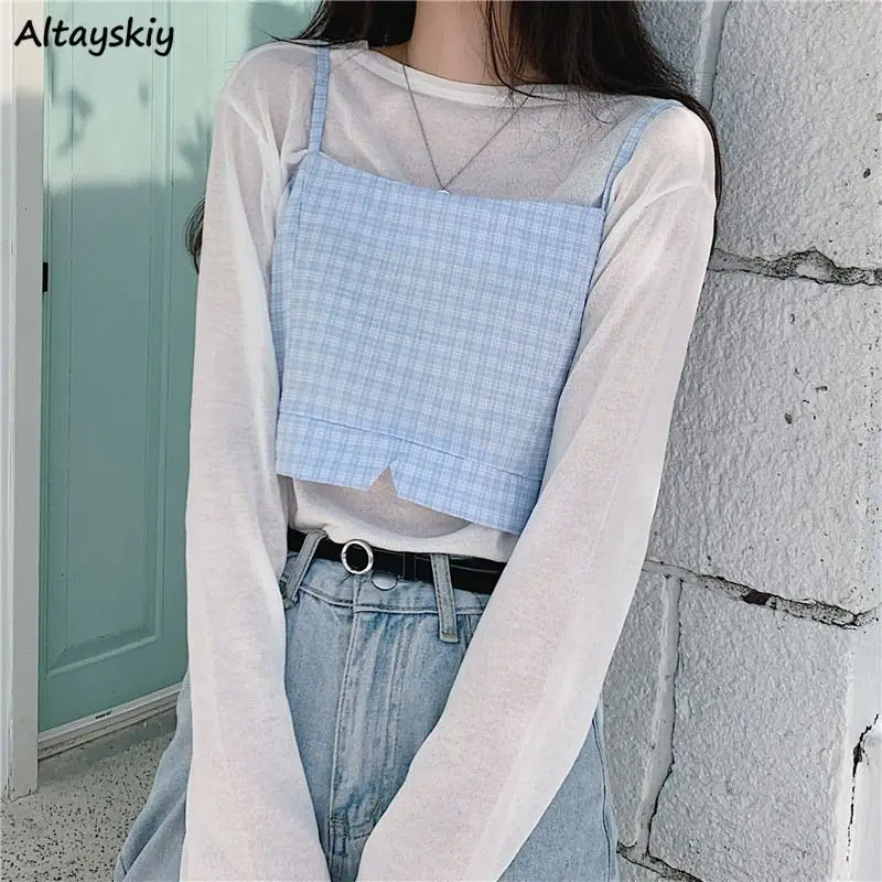 

Women Sets Plaid Camis Leisure O-neck Basic Breathable Long Sleeve T-shirts Fresh Lovely All-match Students Ulzzang Fashion Tops