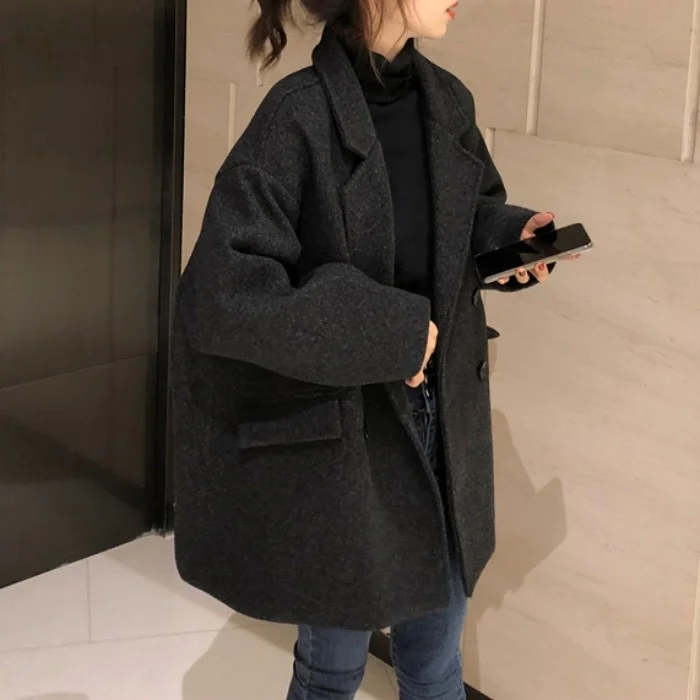 

Autumn Winter 2021 Korean Chic Loose Medium Length Tweed Coat Women's Long Sleeve Coat Fashion Rac