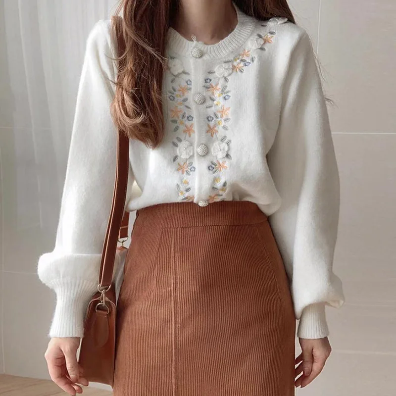 

Elegant Vintage Casual Sweater Women Korean Long Sleeve Single Breasted O-Neck Warm Embroidery Cardigan Knitted Gentle Wind W254
