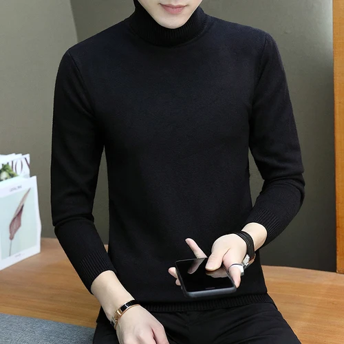 Black Зимний теплый свитер мужской моды Водолазка мужская эластичная сила Slim Fit Повседневный пуловер свитер вязаная одежда Pull - Цвет: Black