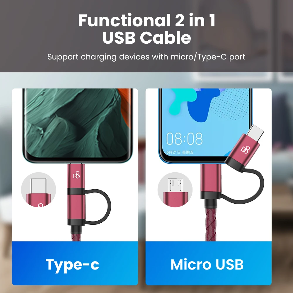 

2 in 1 USB Type C Cable Fast Charging Micro USB Cable Quick Charge USB-C Charger Cord For Huawei Xiaomi Android Phone USB Cable