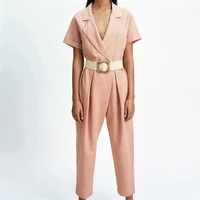 traf women 2021 fashion with belt side pockets solid color jumpsuit retro v neck short sleeved jumpsuit streetwear